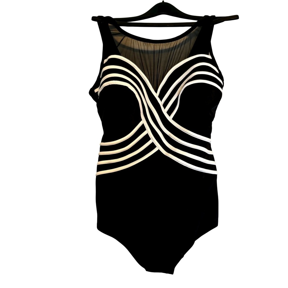 Longitude One Piece Swimsuit Women 22W Black White Mesh Neck Scoop Back Wireless